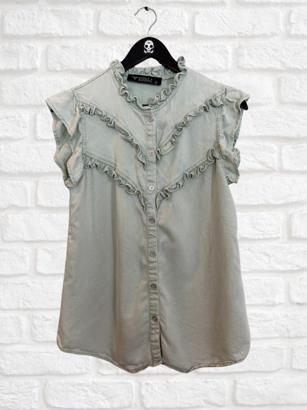 Lucky & Blessed Light Mint Green Ruffle Western Yoke Cap Sleeve Denim Top Small